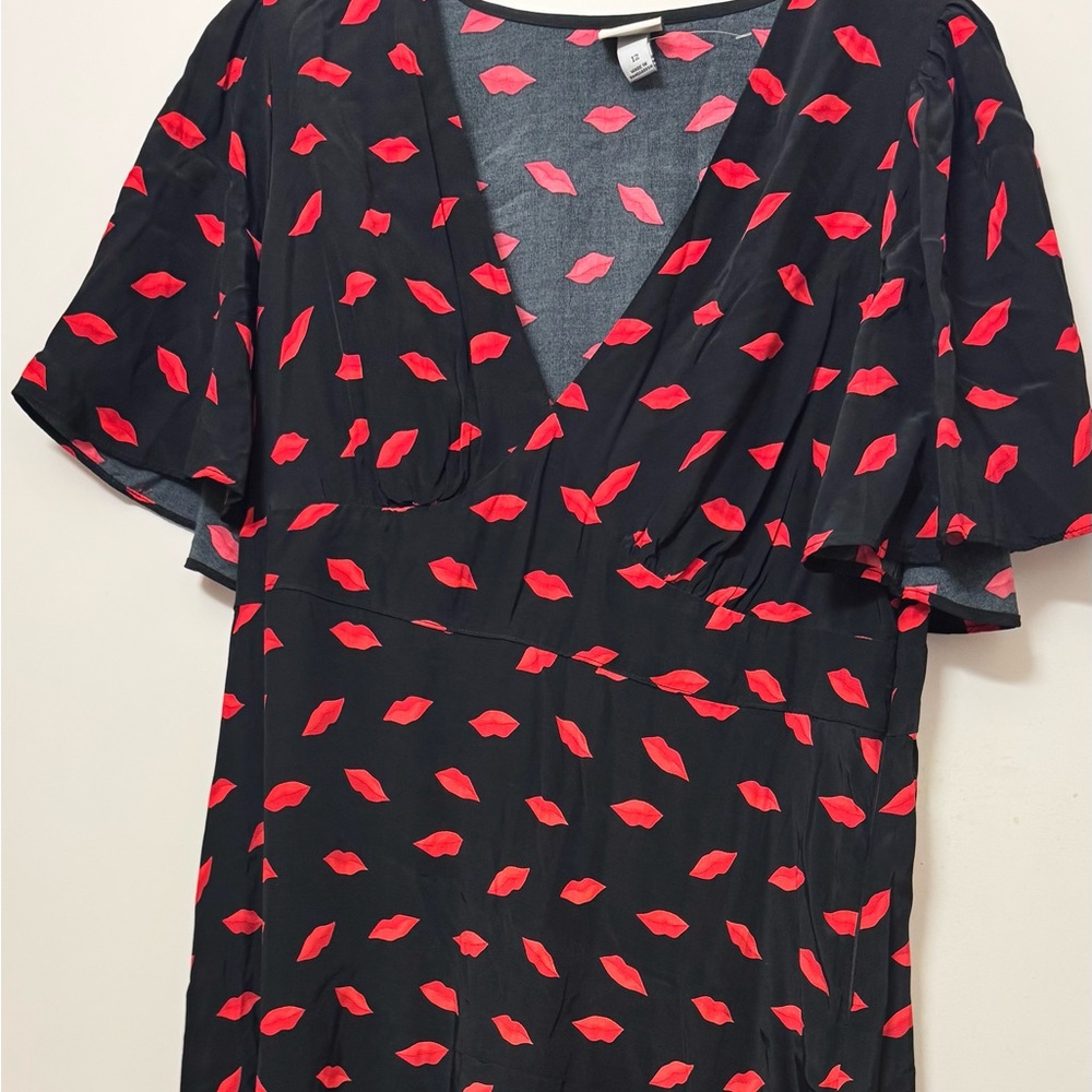 Black Midi Dress with Red Lip Print | Size 12 | New Without Tag